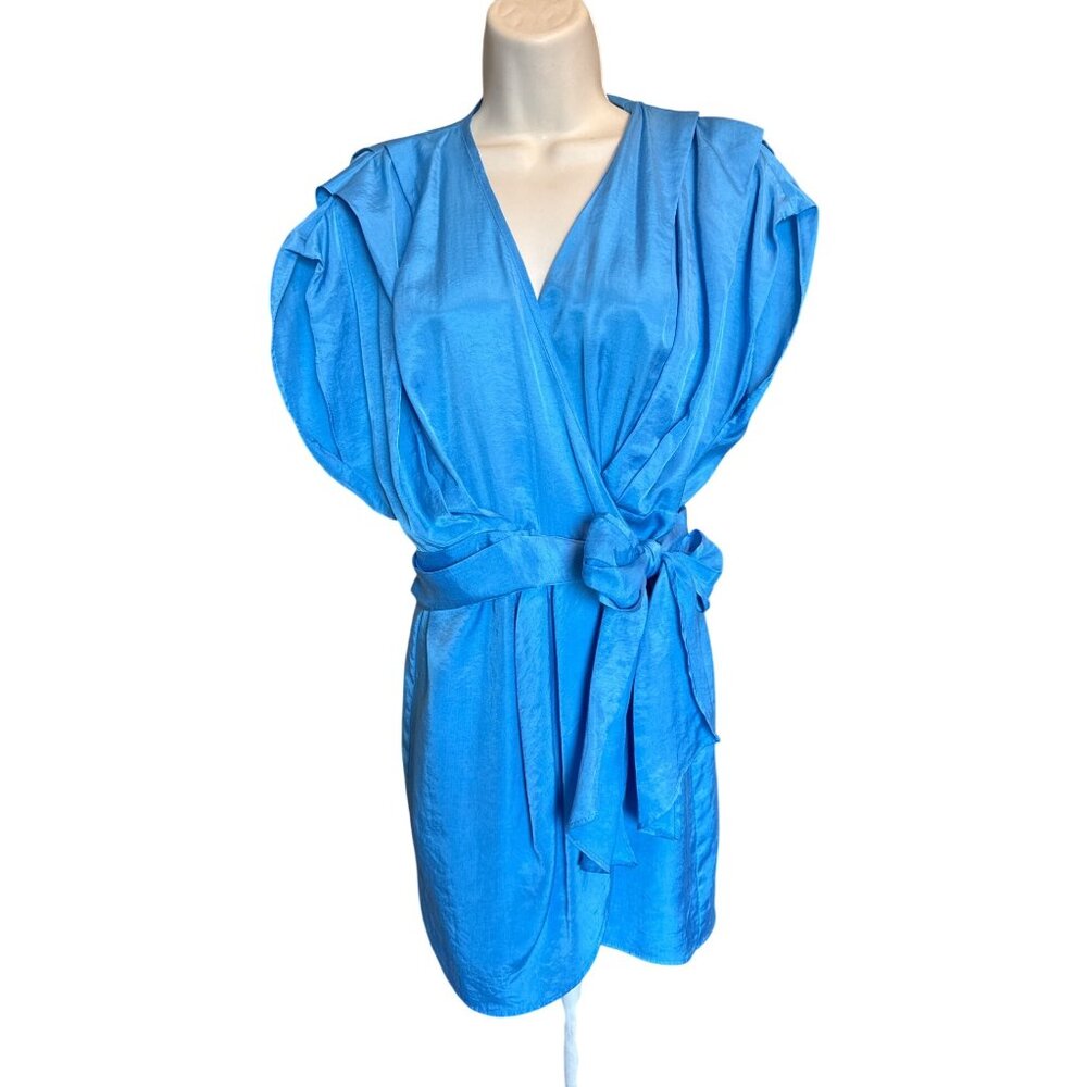 Zara Womens Blue Wrap Dress With Belt Sz M Cocktail Chic Street Style Y2K Style